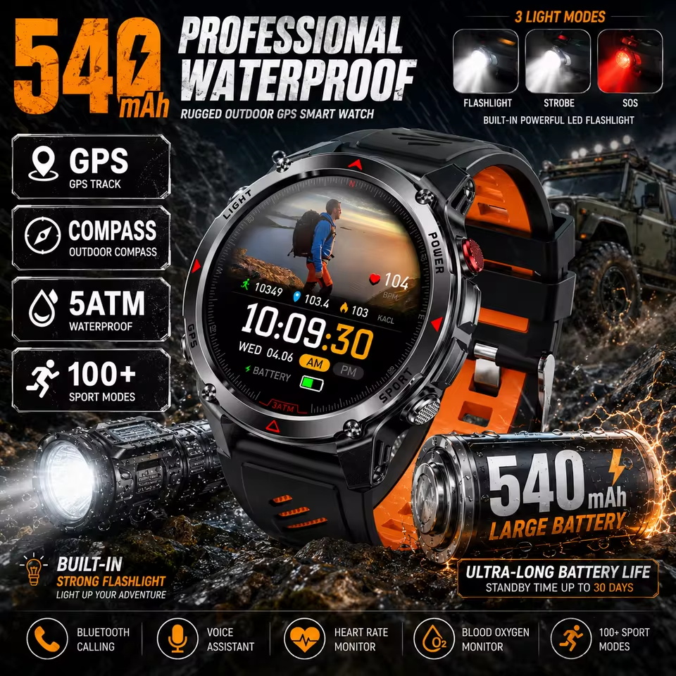 Android Smartwatch Accessories - Montre connectée militaire 540mAh GPS, étanche